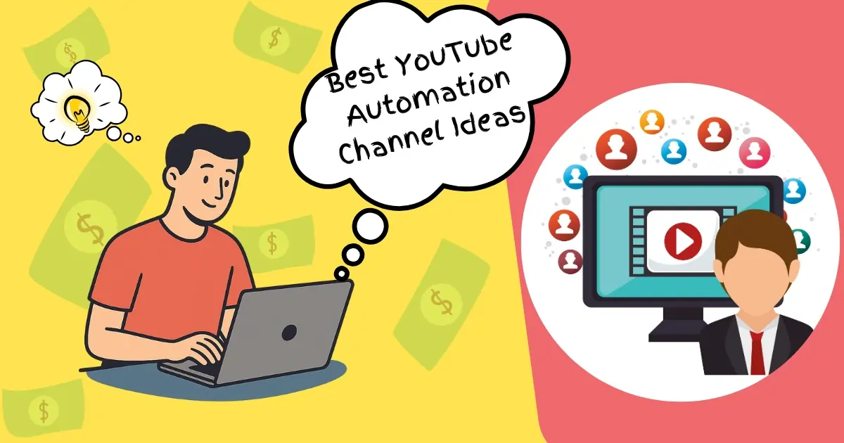 Top 10 best YouTube automation channel ideas – illustrated man on laptop thinking about monetized AI-powered YouTube content creation with video marketing strategy visuals.