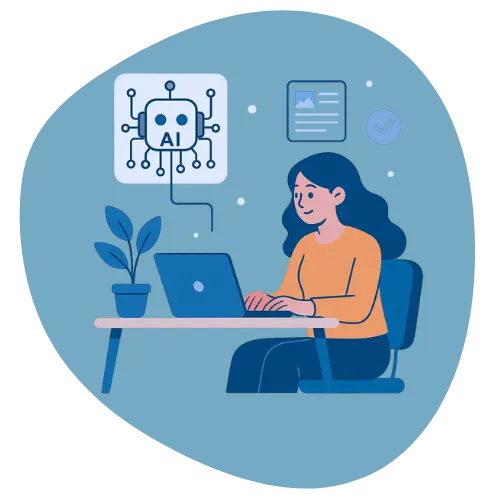 Woman working remotely on a laptop with AI chip icon, representing freelance AI jobs and digital remote work opportunities in artificial intelligence.