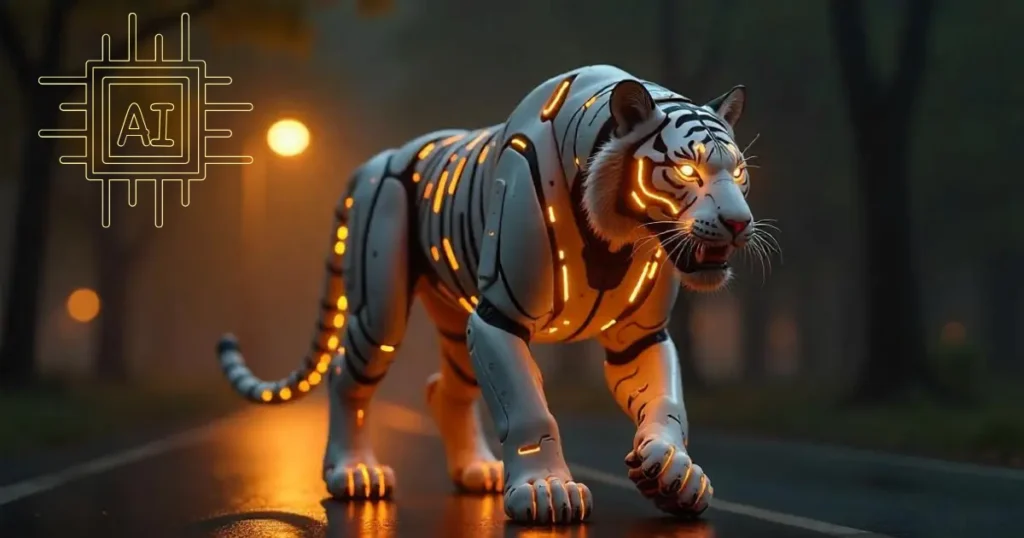 AI-generated futuristic robotic tiger with glowing orange lights walking on a road at night