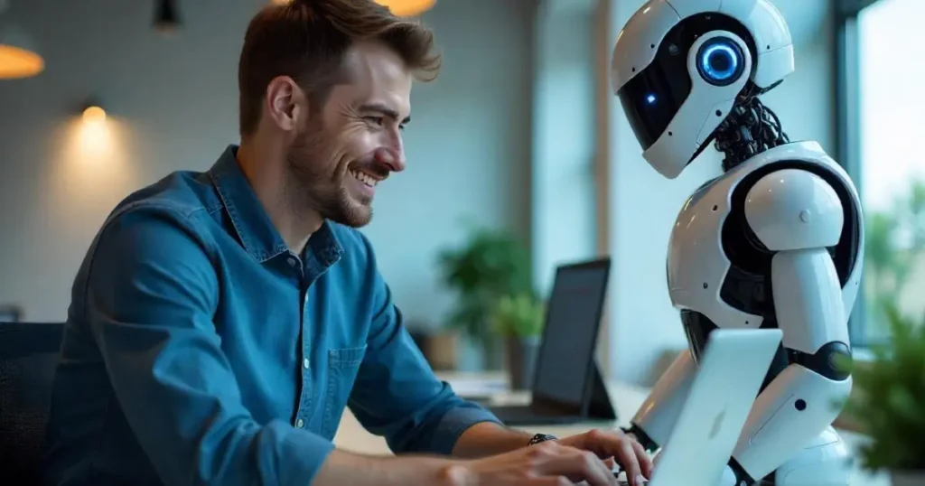 Man using laptop with humanoid robot assistant in modern office – AI-powered digital collaboration