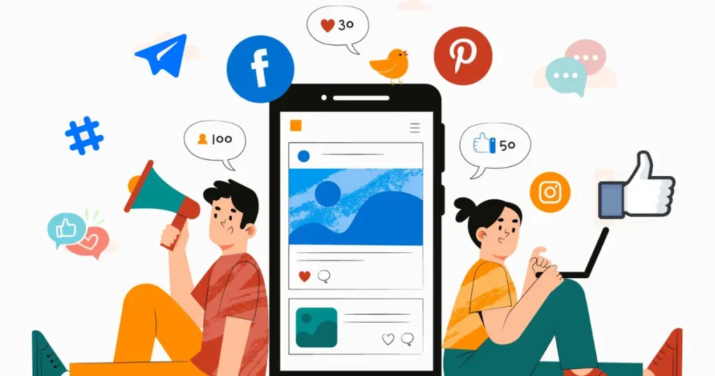 Illustration of AI-powered social media management with characters using smartphone, laptop, and icons of Facebook, Instagram, Pinterest, and Telegram