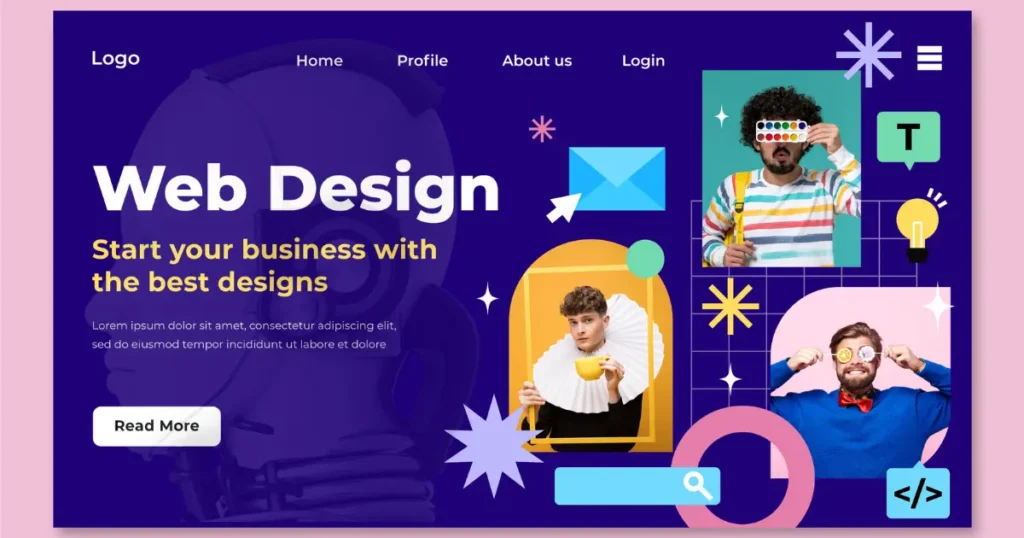 Colorful AI-powered web design business landing page with creative visuals, UI elements, and modern layout