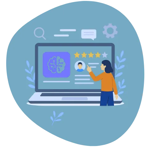 Illustration of a woman reviewing AI tools on a laptop screen with star ratings, profile, and brain icon, representing artificial intelligence product and software reviews.
