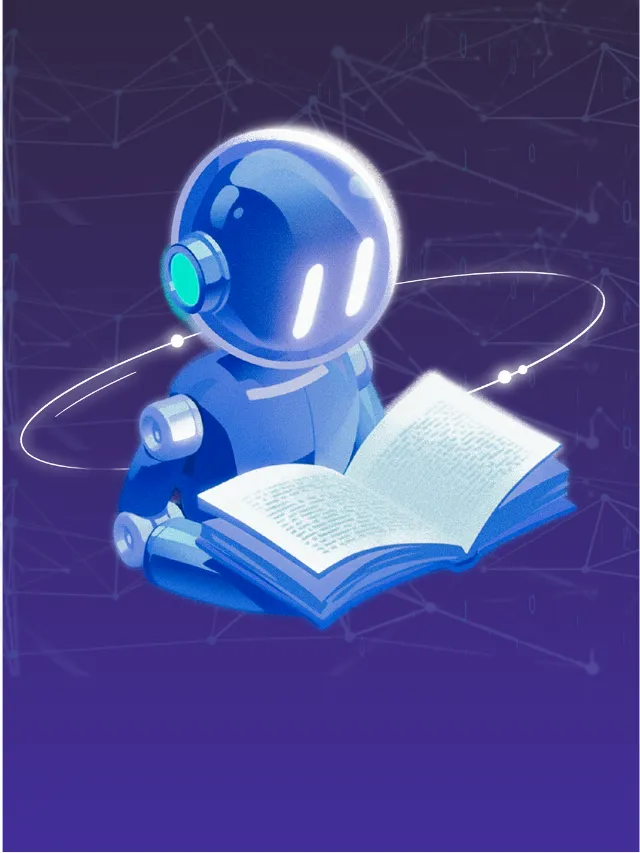 Futuristic blue AI robot reading a glowing digital book with data and network connections in the background