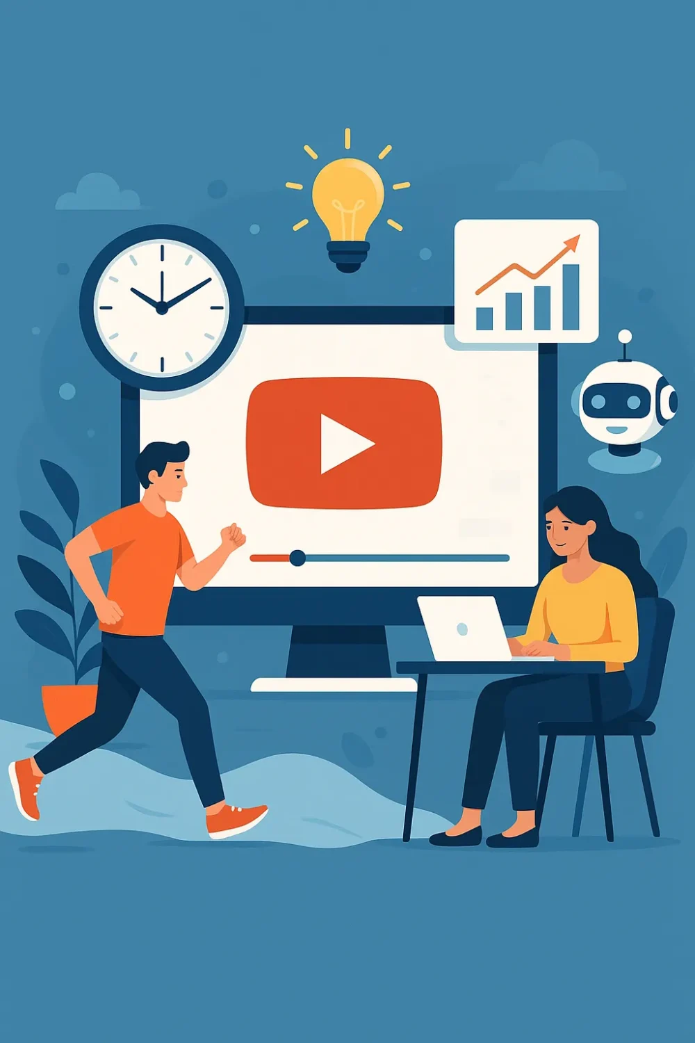 Illustration showing the benefits of running an automated YouTube channel with AI, featuring time-saving, growth analytics, and content automation tools.