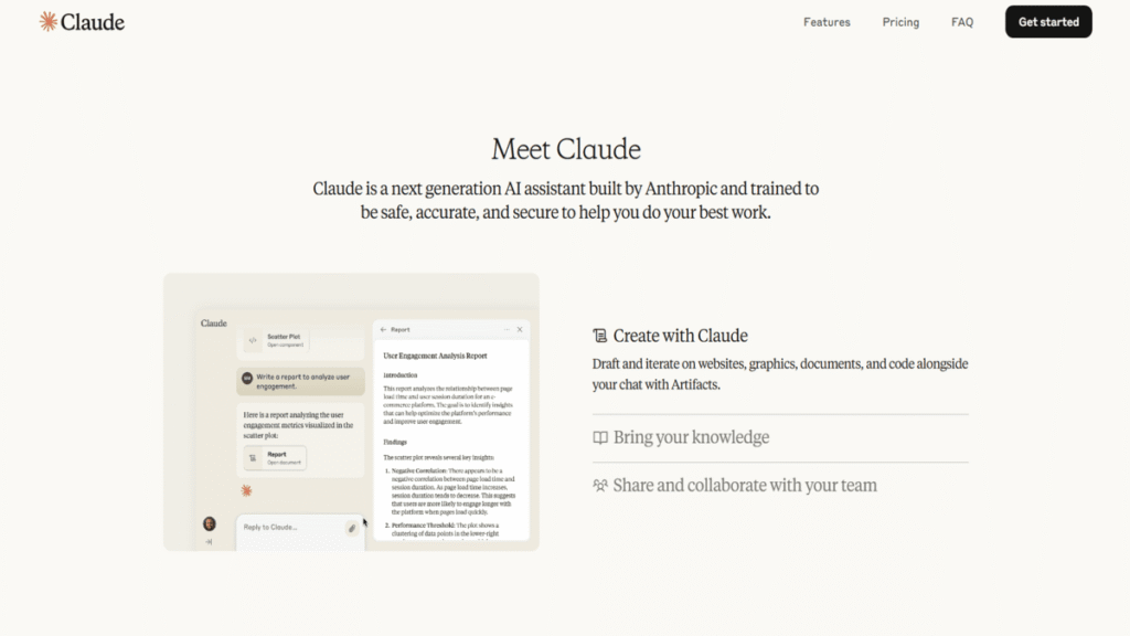 Claude AI homepage screenshot introducing Claude as a next-generation AI assistant by Anthropic, with features for creating reports, analyzing data, and collaborating through Artifacts.