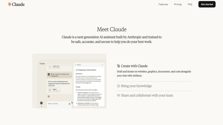 Claude AI homepage screenshot introducing Claude as a next-generation AI assistant by Anthropic, with features for creating reports, analyzing data, and collaborating through Artifacts.