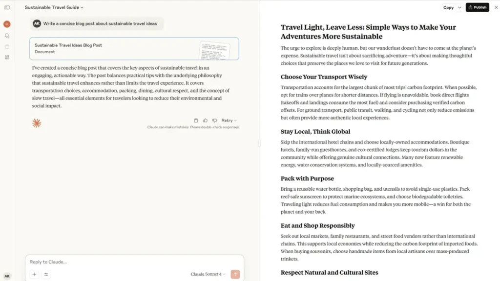 Screenshot of a sustainable travel blog post draft created with Claude AI, featuring tips on eco-friendly travel including transportation, local stays, responsible shopping, and cultural respect