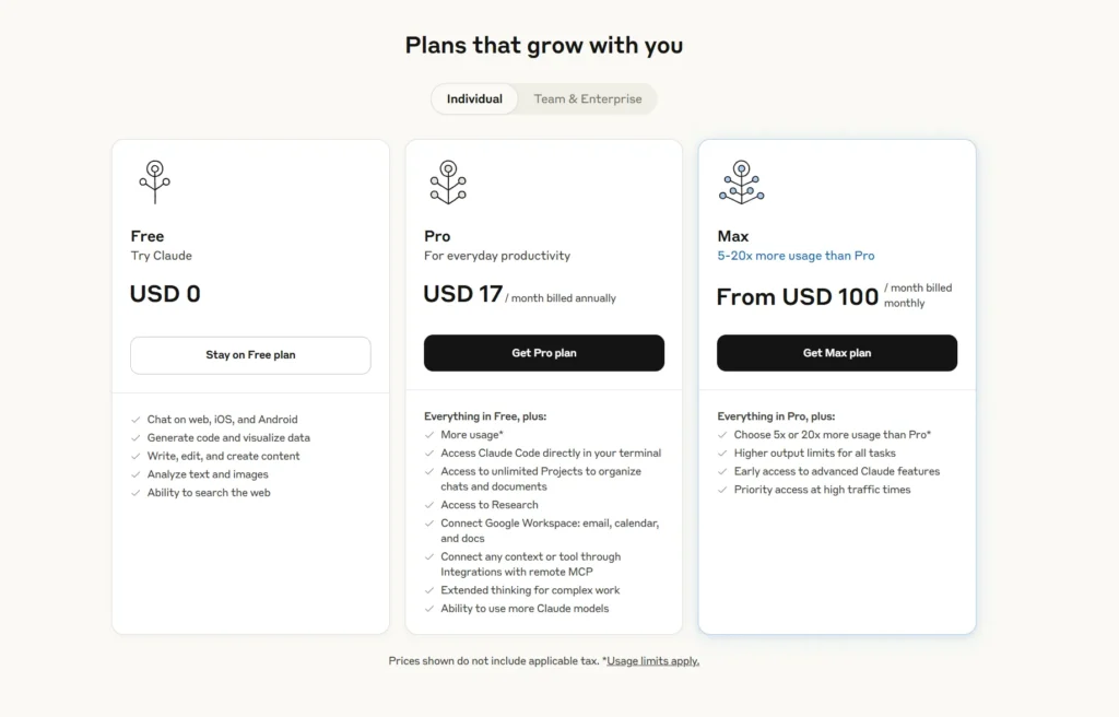 Claude AI pricing plans comparison showing Free, Pro at $17/month, and Max from $100/month, with features for developers and teams including advanced usage, Claude Code, and priority access.