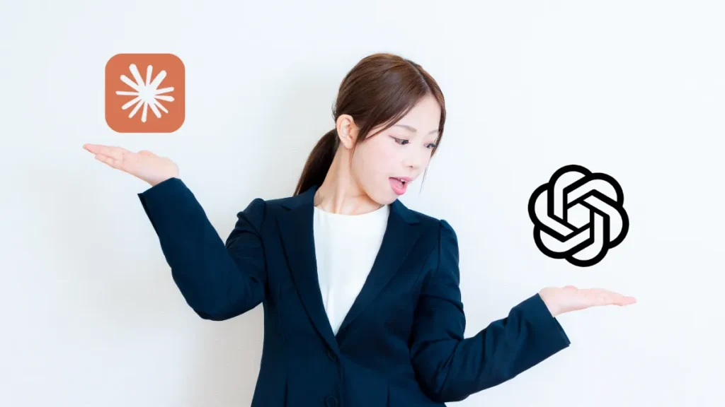 Professional woman comparing Claude AI and ChatGPT logos, symbolizing the choice between two leading AI chatbot platforms