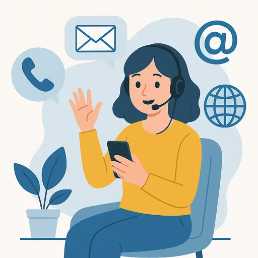 Customer support representative with headset using smartphone surrounded by contact icons like email, phone, and internet symbols – flat vector illustration for contact us page