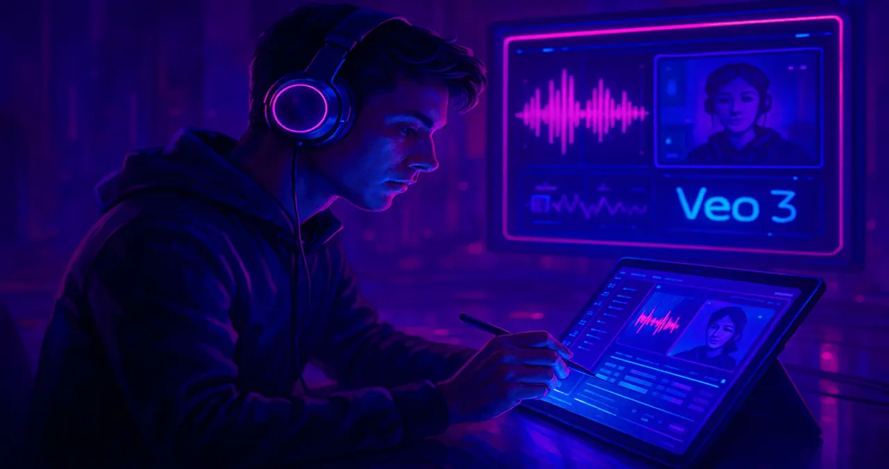 Digital artist using stylus and tablet to edit audio-video content in a neon-lit cyberpunk studio, with Google Veo 3 interface displaying sound waves and avatar on screen."