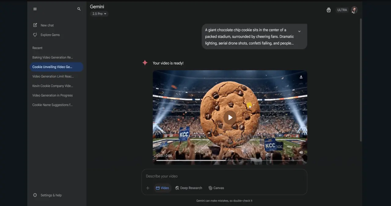 Google Gemini AI interface displaying a generated video of a giant chocolate chip cookie in a stadium packed with cheering fans, confetti, and dramatic lighting