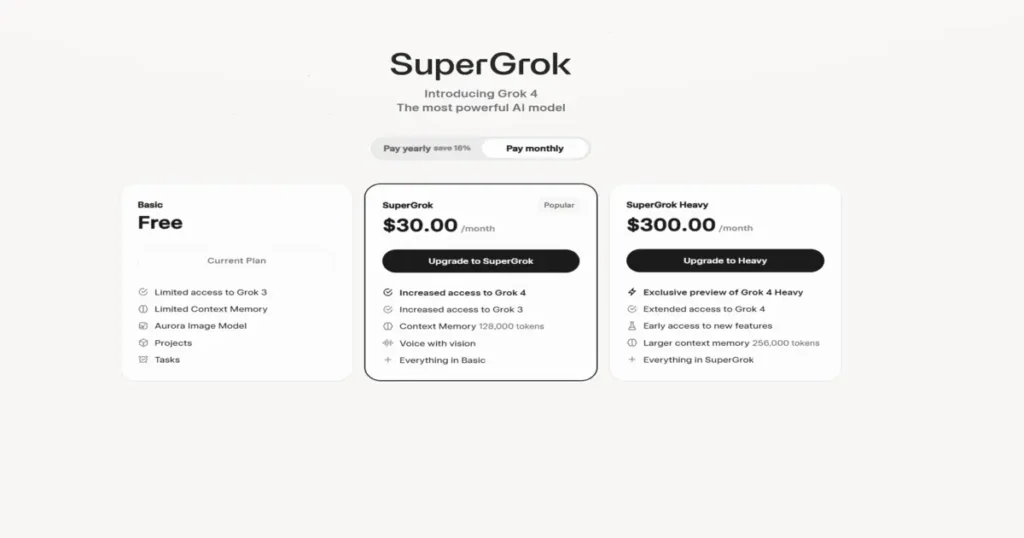 Grok 4 subscription plans comparison: Basic (Free), SuperGrok ($30/month), and SuperGrok Heavy ($300/month). Features include increased context memory (up to 256,000 tokens), voice with vision, and early access to Grok 4 Heavy.