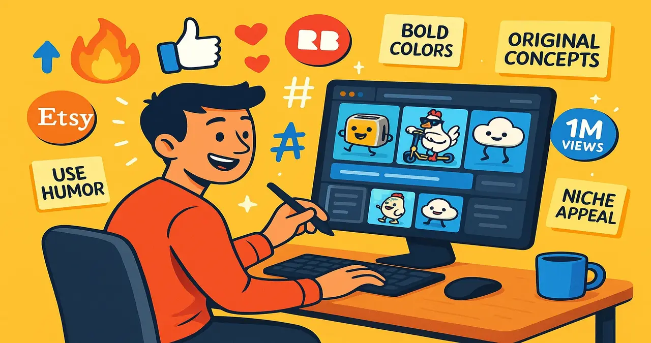 Illustration of a digital artist creating viral, sellable AI-generated images with tips like using bold colors, original concepts, humor, and niche appeal for platforms like Etsy and Redbubble