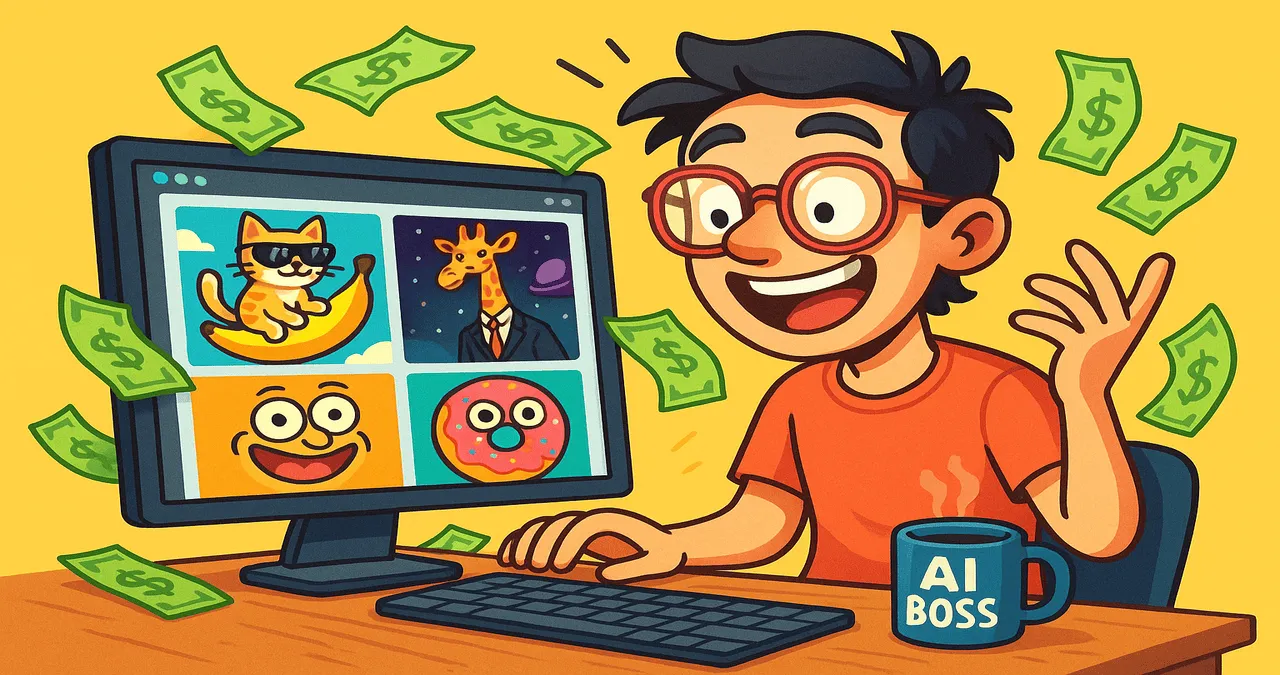 Happy creator making money online with AI-generated weird and funny pictures displayed on computer screen.