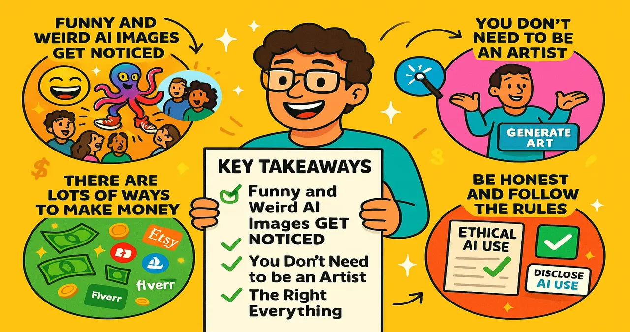 Illustration showing tips for making money with funny AI images—no art skills needed, be ethical, and follow rules