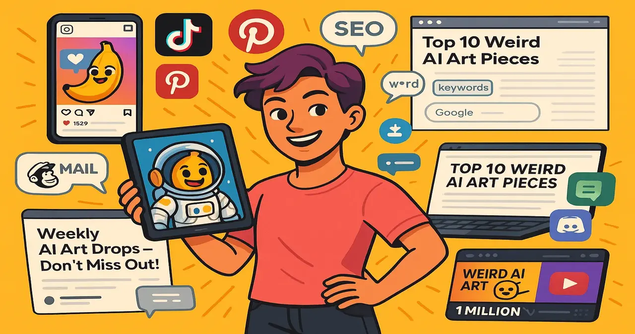 Illustration of AI art marketing using social media, SEO, blogs, and email