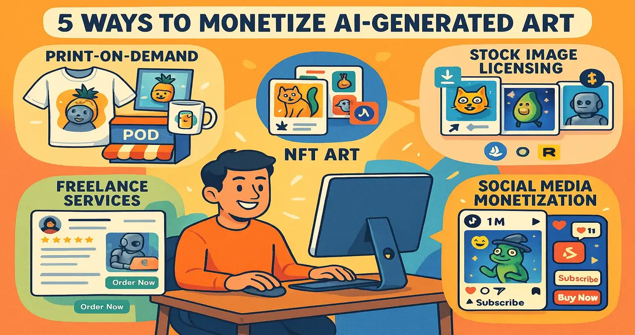 Illustration showing 5 ways to monetize AI-generated art, including print-on-demand, NFT art, stock image licensing, freelance services, and social media monetization, with a creator working at a computer.