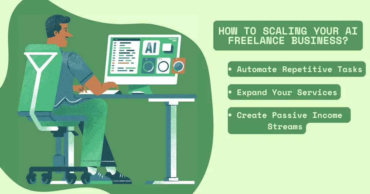 Illustration showing tips on how to scale your AI freelance business, including automating tasks, expanding services, and creating passive income streams.