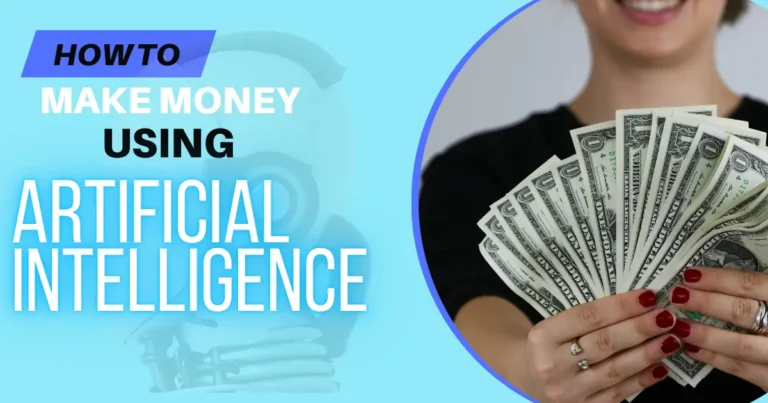 How to make money using AI – woman holding cash with AI-themed background