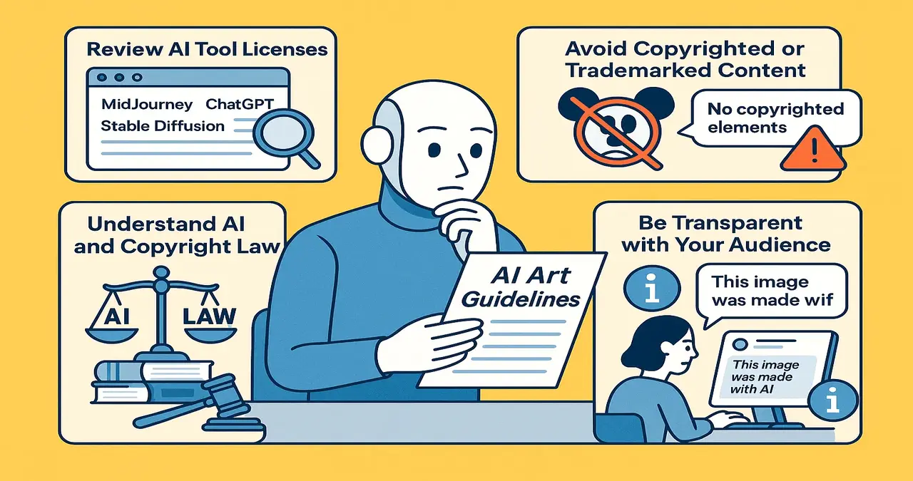 Illustration showing legal and ethical tips for selling AI art, like licensing, copyright, and transparency.