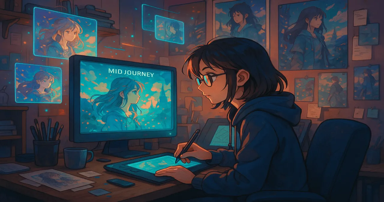 An animie of a girl uisng midjourney v6 for ai artwork