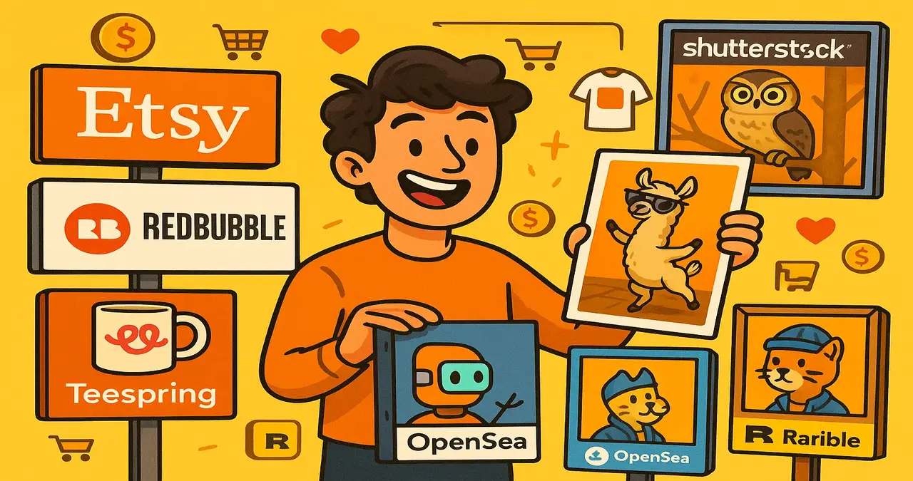 Person selling funny AI-generated images online through platforms like Etsy, Redbubble, Teespring, Shutterstock, OpenSea, and Rarible.