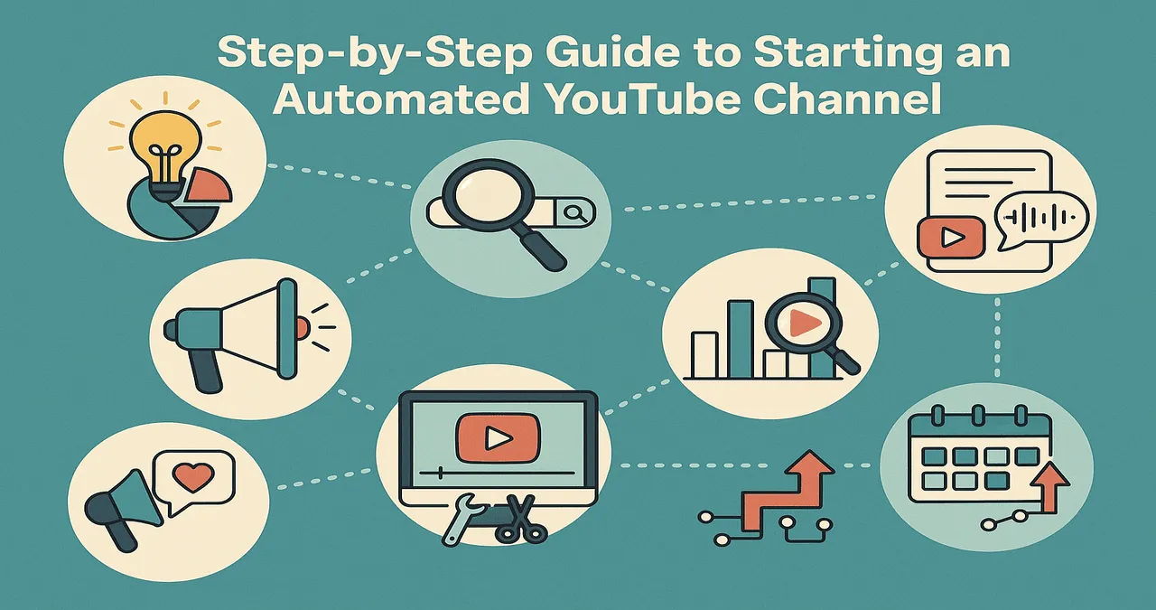 Infographic showing a step-by-step guide to starting an automated YouTube channel, including content creation, keyword research, publishing, and growth tracking.