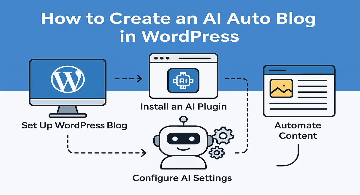 Step-by-step guide on how to start AI autoblogging with WordPress — set up a blog, install AI plugin, configure AI settings, and automate content creation