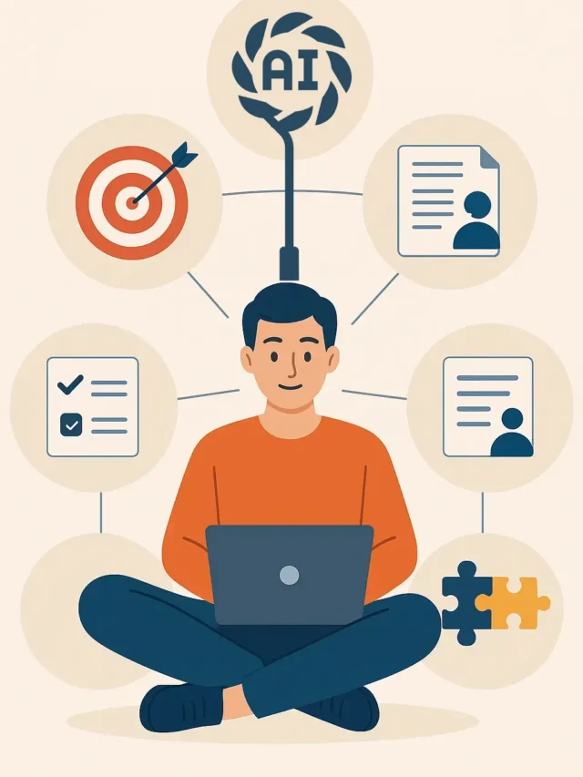 Illustration of a man using a laptop connected to AI with icons symbolizing goal setting, document creation, checklist completion, user profiles, and problem-solving — concept of leveraging AI for productivity and prompt engineering