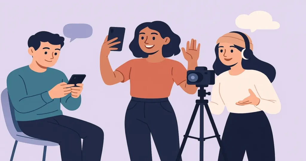 Illustration of three young content creators using smartphones, a camera, and headphones, representing Grok-4 AI’s ideal audience—social media influencers, digital creators, and Gen Z users engaged in video, streaming, and real-time interaction.
