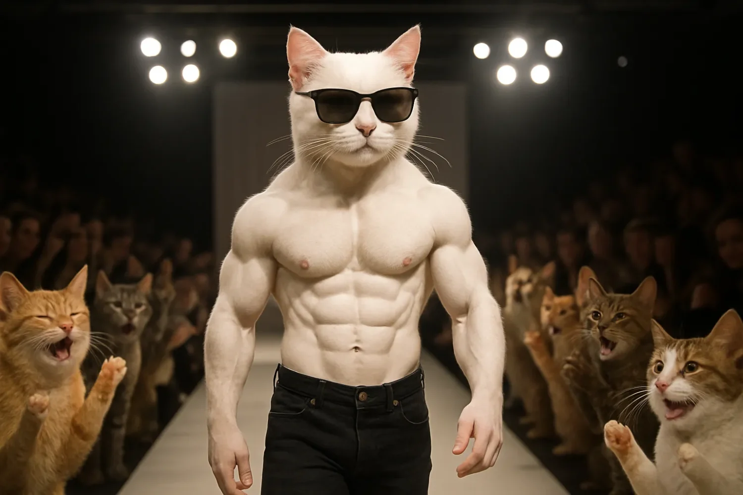 An image of AI generated cat doing ramp walk