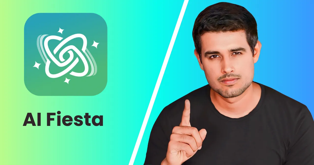 An image of dhruv rathee in one side of image pointing figure to his AI Fiesta Startup