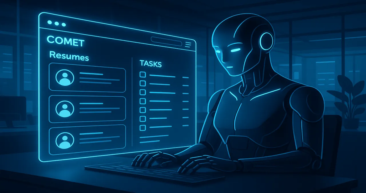 Futuristic illustration of a robot using Comet AI browser to manage resumes and tasks through an advanced digital interface.