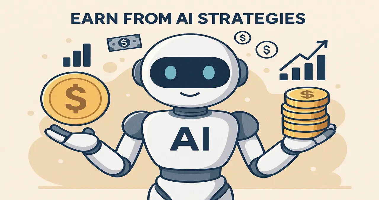 Friendly robot holding coins and charts illustrating about earn from AI strategies for generating income.