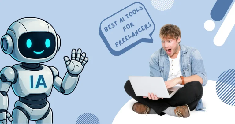 Excited freelancer using a laptop with AI chatbot and “Best AI tools for freelancers” text on a light blue background, featuring a friendly cartoon robot.