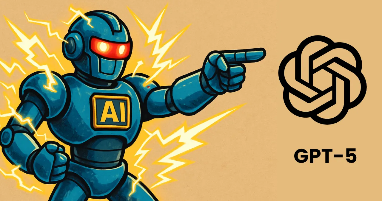 Cartoon robot with AI logo pointing at ChatGPT-5 OpenAI logo with electric energy sparks