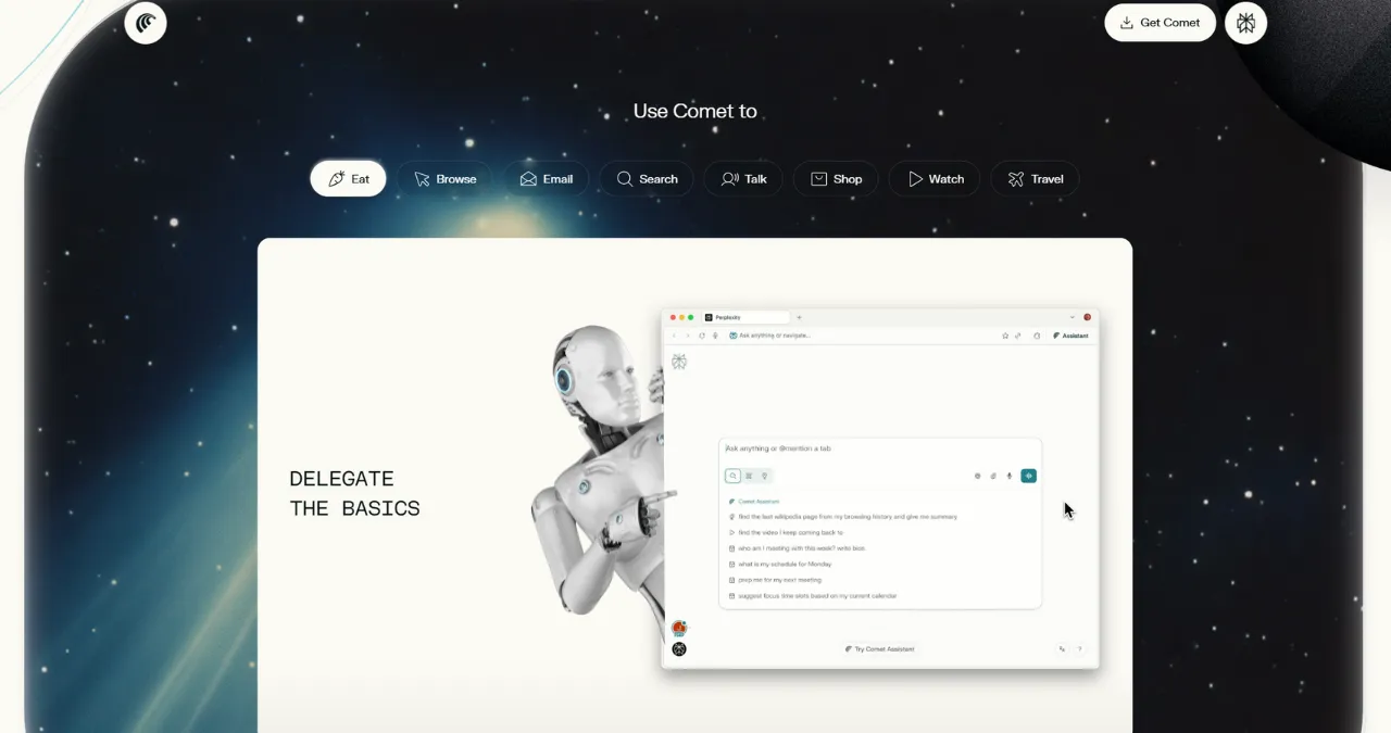 Comet AI browser interface showcasing assistant features like email, search, shopping, and travel automation with a futuristic robot design.