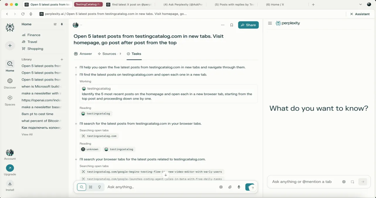 Comet AI browser task interface showing search results for latest posts from testingcatalog.com using automated tab management.
