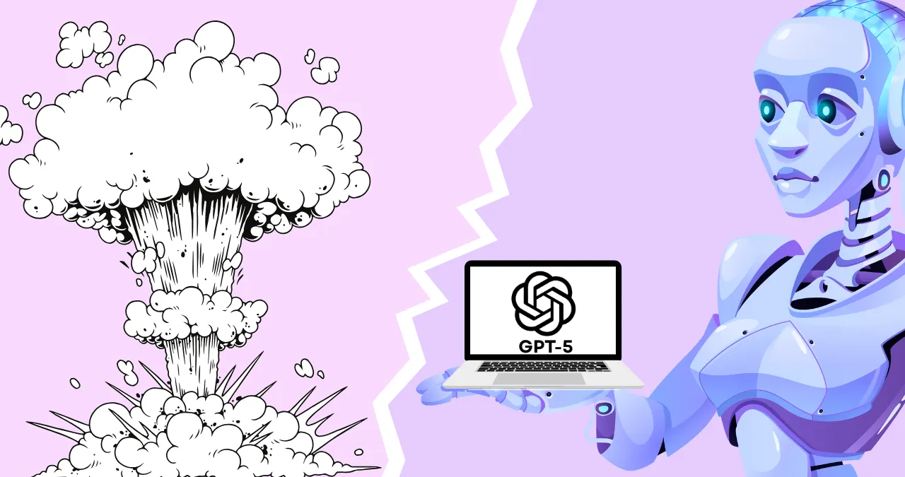Illustration of a humanoid AI robot holding a laptop displaying the GPT-5 logo, with a nuclear explosion on the opposite side, symbolizing ethical concerns and potential dangers of advanced AI like ChatGPT-5.