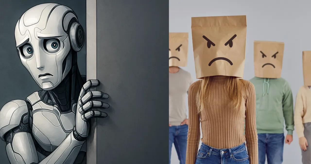 GPT-5 AI robot looking worried while facing backlash from angry users with paper bag faces.