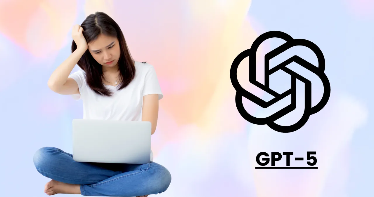 Frustrated woman using laptop facing GPT-5 subscription crisis with OpenAI logo in background