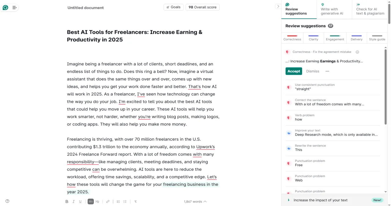 Screenshot of grammarly dashboard.