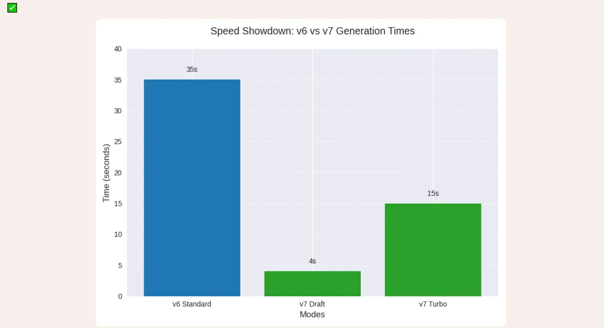 an image of graph showing image generation comparison speed between midjourney v6, v7 draft modes and v7 turbo