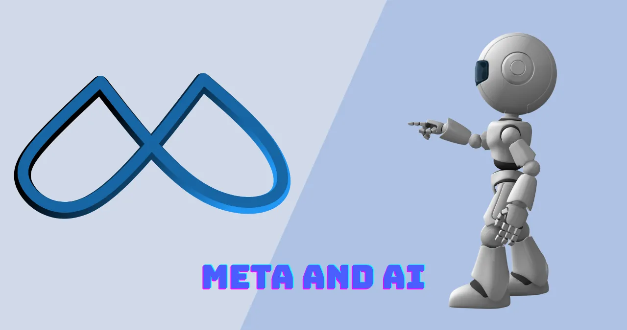 Cartoon robot pointing at Meta logo with text 'Meta and AI' symbolizing Meta's involvement in artificial intelligence.
