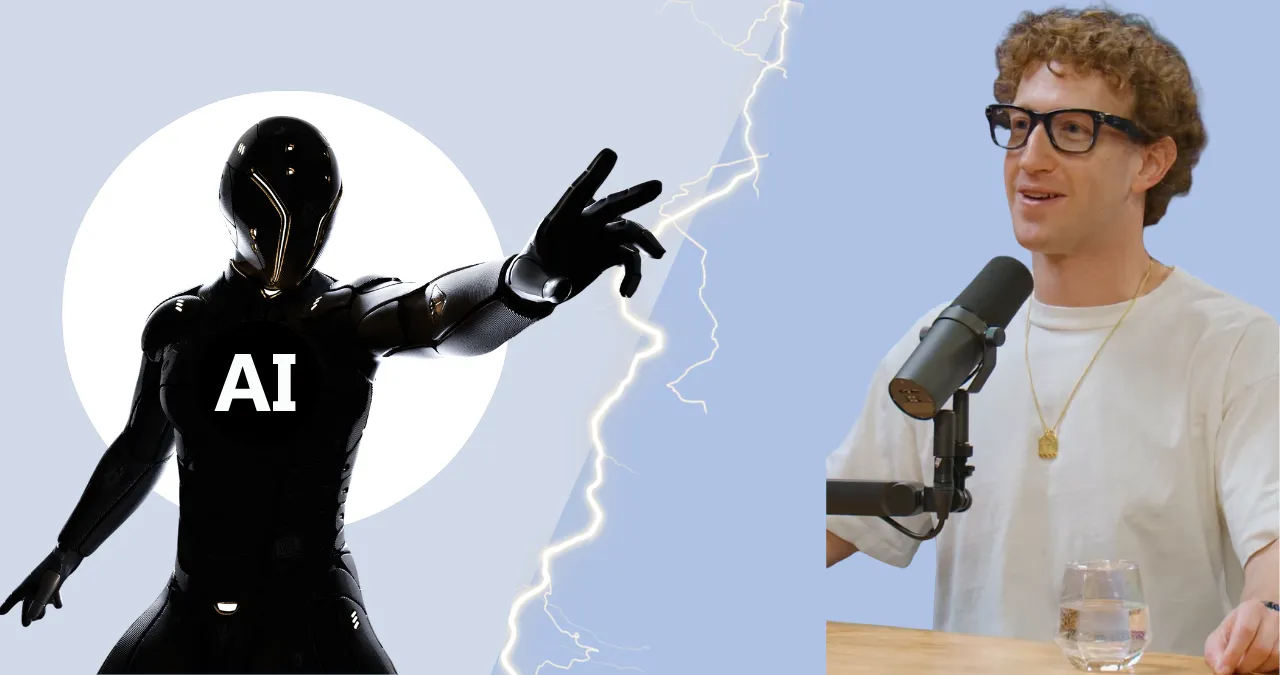 AI-powered humanoid robot facing a podcast host with a lightning bolt between them, symbolizing the rise of superintelligence and human-AI interaction.