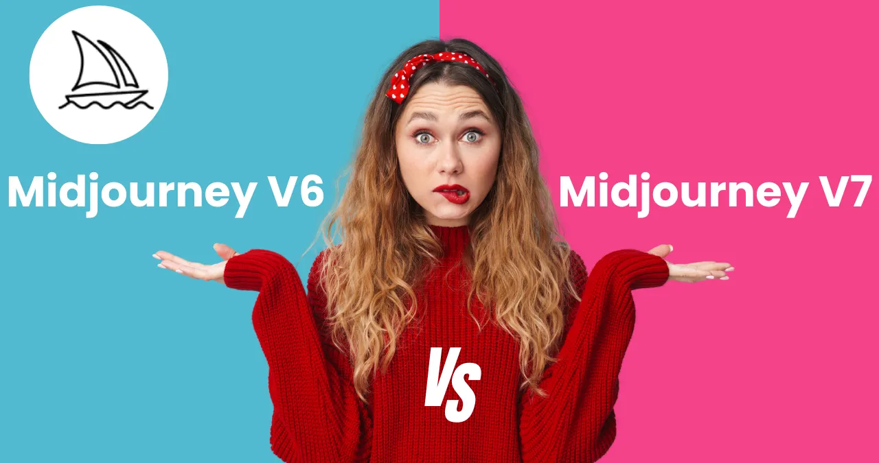 An image of a lady with split background showing comparison between midjourney v6 vs midjourney v7