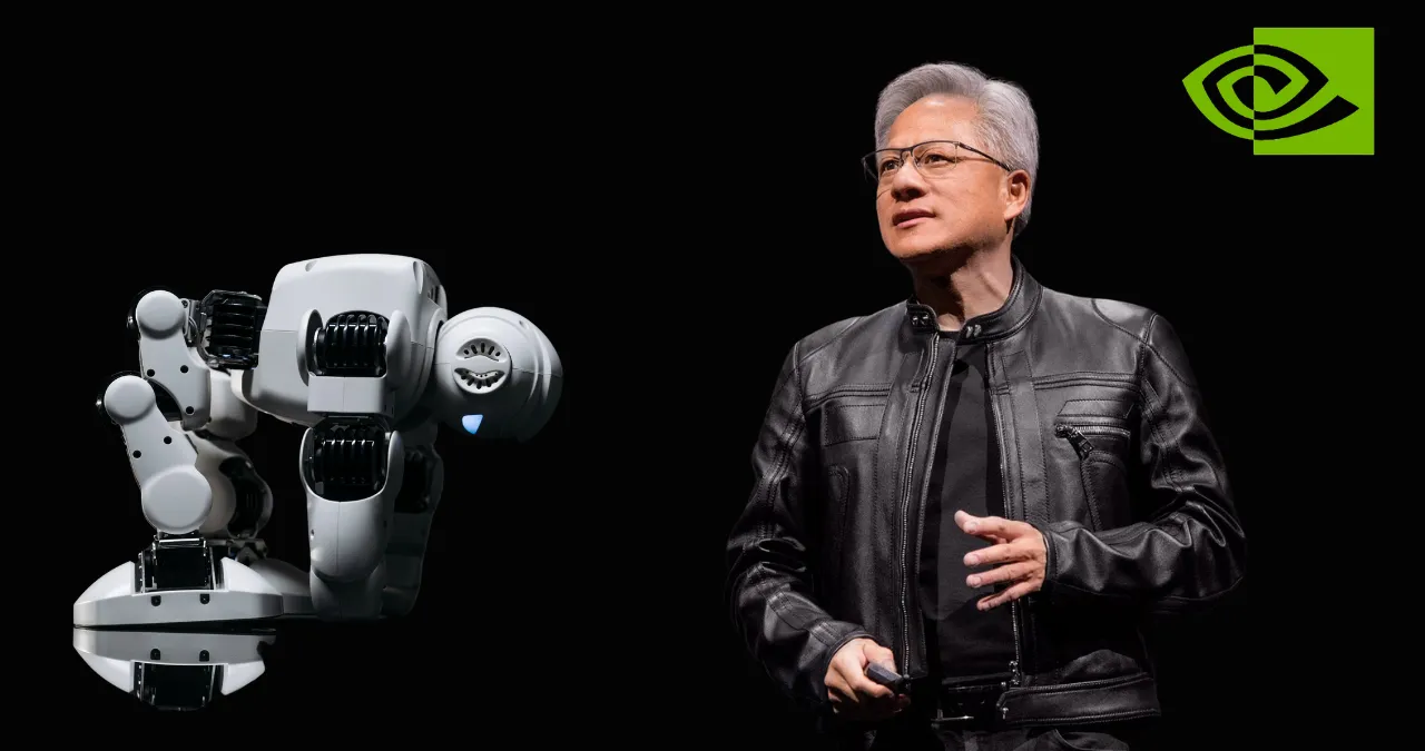 An image of Nvidia CEO Jensen Huang launching Nvidia Cosmos Robot.