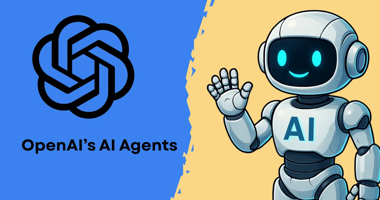 Smiling robot and OpenAI logo representing OpenAI's AI agents and their friendly, intelligent automation capabilities.